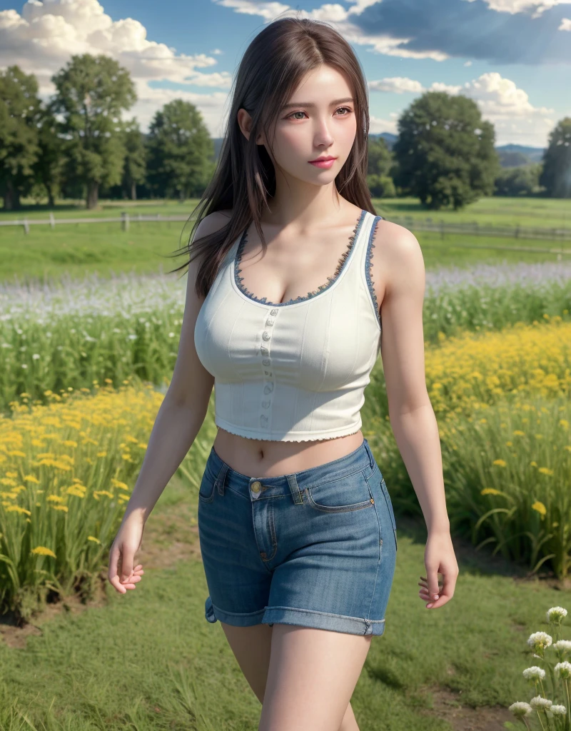 (Realistic: 1.3), Detailed, Quality, Rembrandt Lighting, (Masterpiece: 1.2), (Photorealistic: 1.2), (Best Quality), (Detailed Skin: 1.3), (Complex Detail), Dramatic, Ray Tracing, 1 Girl, 21 years old, Medium breasts, (Meadow, Sun, Clouds, Field, Agriculture, Starlight, Walking Path)