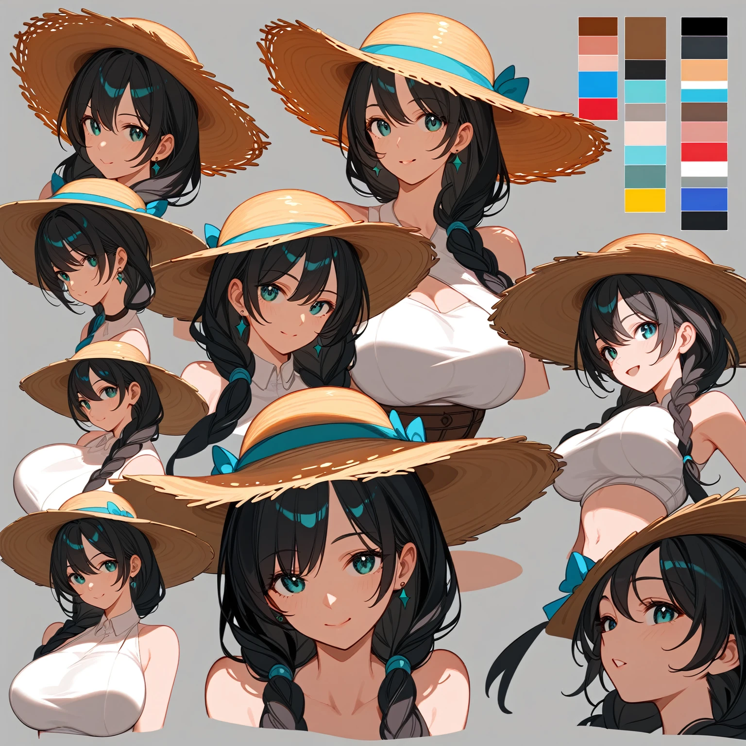 Highest quality, Ultra-detailed CG Unity 8k Wallpaper, Beautiful details、kind、Straw hat、older sister、Black Hair、Large Breasts、Droopy eyes、Tolerant、summer、田舎のolder sister、whole body画、Front view、Character Sheet、Mr.々A pose、Video game character design、whole body、Game setting materials、Character portrait、Standing posture
