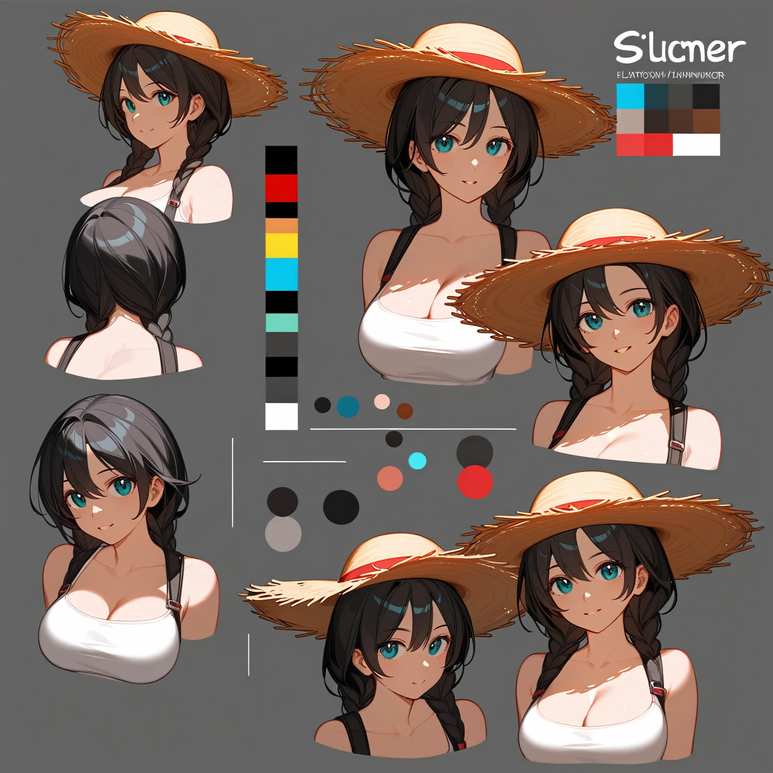 Highest quality, Ultra-detailed CG Unity 8k Wallpaper, Beautiful details、kind、Straw hat、older sister、Black Hair、Large Breasts、Droopy eyes、Tolerant、summer、田舎のolder sister、whole body画、Front view、Character Sheet、Mr.々A pose、Video game character design、whole body、Game setting materials、Character portrait、Standing posture