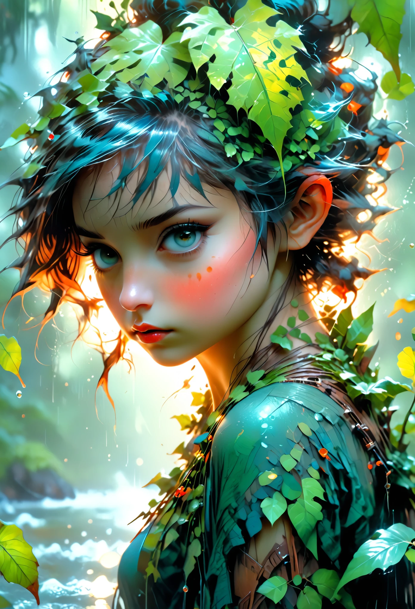 a pixie girl on a leaf in the rain the forest and the world of adventure, photo realism, 8k resolution, garden, trending on artstation, 4k, intricate details, highly detailed, pencil drawing, sea-forest blue, forest green, and rust red, sketching, unreal engine, greg rutkowski, loish, rhads, beeple, makoto shinkai and lois van baarle, ilya kuvshinov, rossdraws, tom bagshaw, alphonse mucha, oil painting, heavy strokes, paint dripping, oil painting, heavy strokes, paint dripping