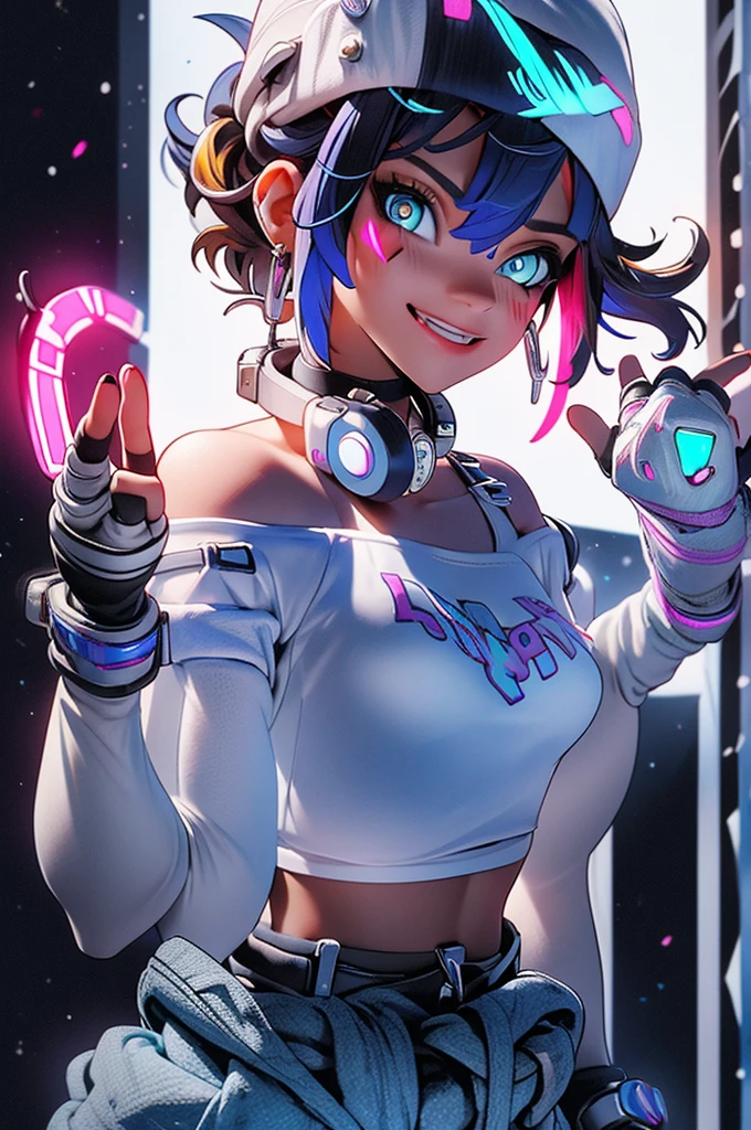 (((Glowing neon eyes))), ((masterpiece, best quality)), 1girl, solo, Kiriko LeSserafim, upper body, short hair, brown eyes, multicolored hair, blue hair, yellow highlights, bangs, pink headwear, hair between eyes, (white off-shoulder shirt:1.5), ((gloves:1.5)), pointing to her face, fingerless gloves, hoop earrings, (white shirt:1.5), headphones around neck, thighhigh, white gloves, lace-up boots, boots, gloves, jacket around waist, thighhighs, breasts, headphones, standing, jewelry, bracelet, midriff, white crop top, cross-laced footwear single kneehigh, smile, earrings, jewelry, hat, looking at viewer, makeup, facepaint, facial mark, detached sleeves, lips, indoors, japanese house, hands on her face, portrait,  