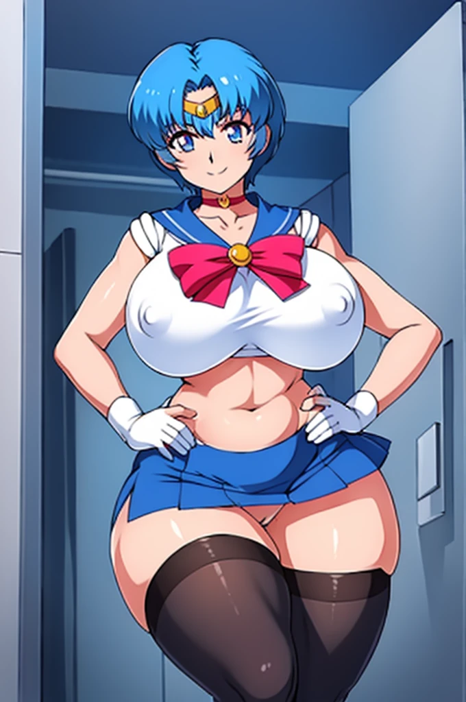 rei, makeup, pink eyeshadow, blue hair, rei hair,  short hair, miniskirt, beautiful, (masterpiece:1.2), (best quality:1.2), perfect eyes, perfect face, perfect lighting, 1girl, cropped legs, curvy, Sailormoon outfit, exposed midriff, white crop top, Chest bow, long gloves, White Thigh-highs, choker, hand on hip, huge breasts, smile, solo, thick thighs, Point of view from below, Can be seen under mini skirt, Exposed panties, showing panties and super tight thong
