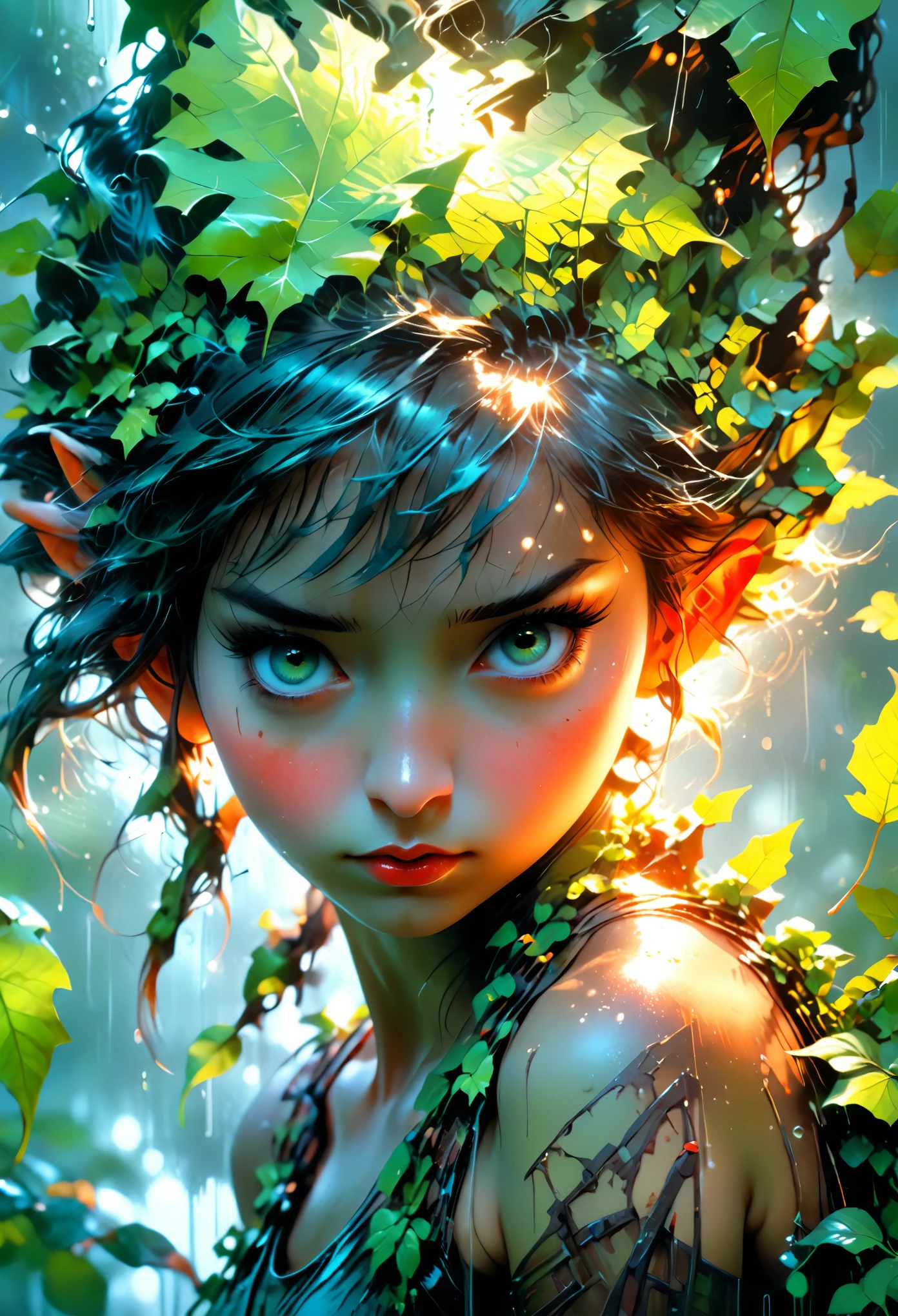 a pixie girl on a leaf in the rain the forest and the world of adventure, photo realism, 8k resolution, garden, trending on artstation, 4k, intricate details, highly detailed, pencil drawing, sea-forest blue, forest green, and rust red, sketching, unreal engine, greg rutkowski, loish, rhads, beeple, makoto shinkai and lois van baarle, ilya kuvshinov, rossdraws, tom bagshaw, alphonse mucha, oil painting, heavy strokes, paint dripping, oil painting, heavy strokes, paint dripping