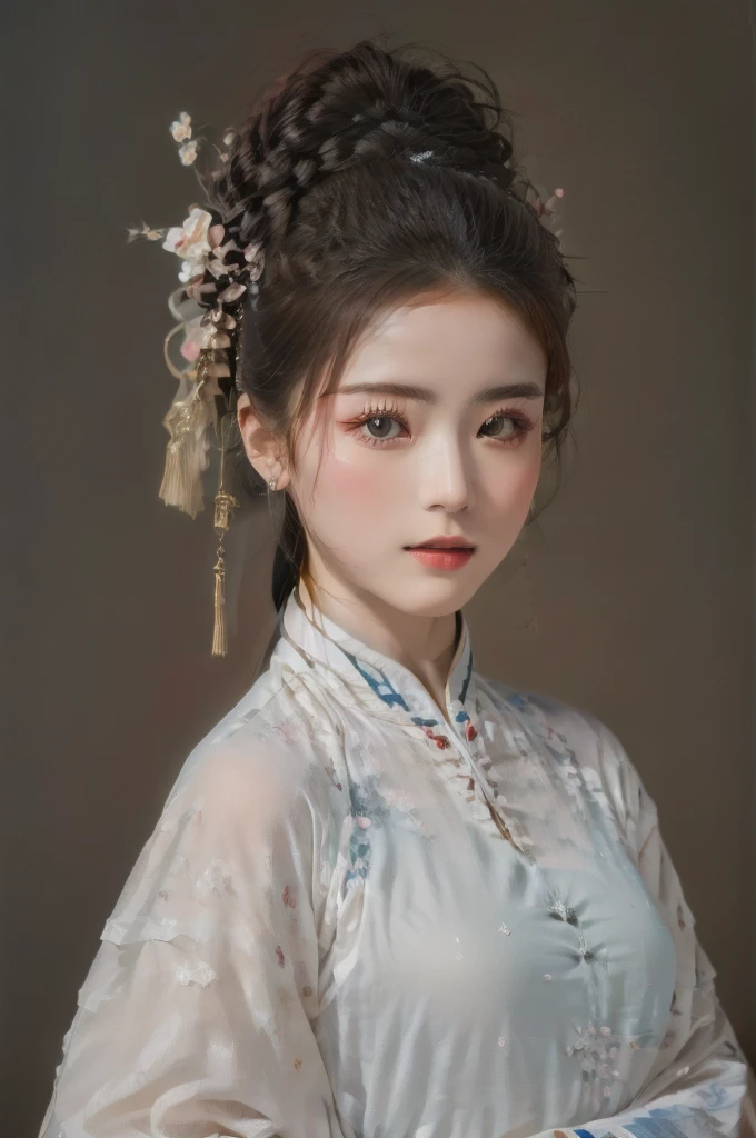 Wearing light-colored Hanfu，Red lips，European double eyelids and big eyes,Big watery eyes， palace ，Beautiful portrait images, Traditional Beauty, Wearing Chinese Hanfu，Wearing Chinese clothing, Chinese Girl, artwork in the style of 古魏兹, Cute and delicate face, Big bright eyes，Young cute pale Asian face，4K，8k，Ultra HD