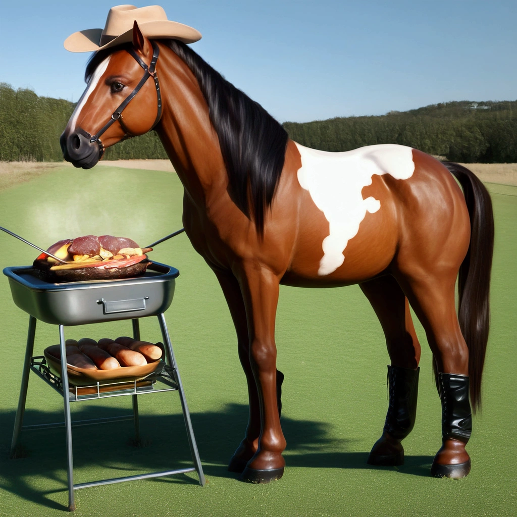 1boy, cowboy, barbecue,  hat, boots, horse, outdoor, realistic, hyper-realistic, photorealistic,ultra-detailed,(realistic,photorealistic,photo-realistic:1.37),vivid colors,dramatic lighting,