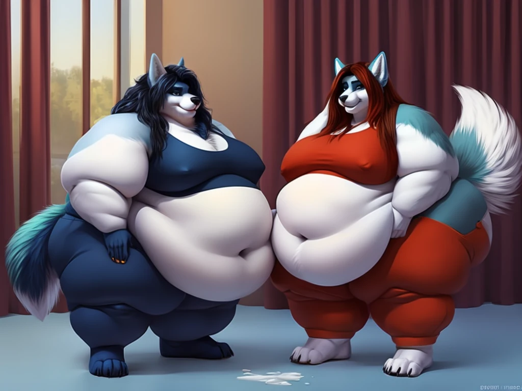 Husky, female, long white messy hair,messy hair , huge hips, huge breasts, huge thighs, morbidly obese huge bushy tail, bushy tail, bushy fur, eyelashes, voluptuous, plump, gorgeous, beautiful,duo,siberian background,lesbians, very fluffy fluffy, , belly rolls, fat rolls, belly overhang ,rolled up tail 