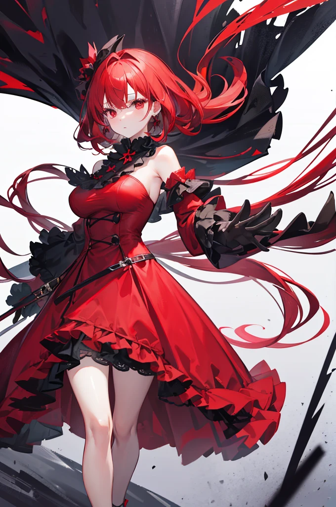 red hair, red eyes, red ruffle dress, black trim on dress, black gloves and shoes, big black ribbon above head, forehead hair
