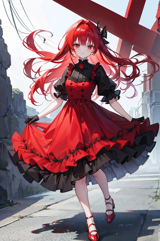 red hair, red eyes, red ruffle dress, black trim on dress, black gloves and shoes, big black ribbon above head, forehead hair