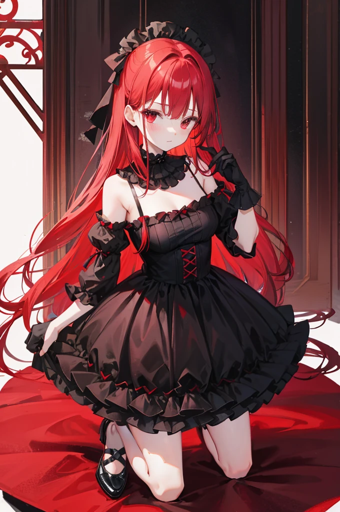 red hair, red eyes, red ruffle dress, black trim on dress, black gloves and shoes, big black ribbon above head, forehead hair