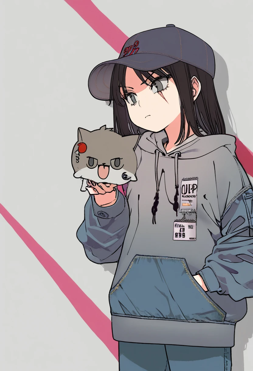 score_9, score_8_up, score_7_up, score_6_up, Character concept art of a pale skinned woman, skinny, grey eyes, scar on face, hoodie, baseball cap, annoyed face, hime cut black hair, jeans, fashionable, thick outlines, line weight, high detail, white background, high detail establishing shot. cinematic, use of color theory and contrasting shadow tints.