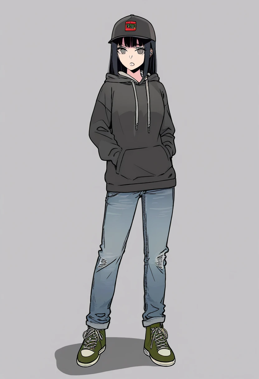 score_9, score_8_up, score_7_up, score_6_up, Character concept art of a pale skinned woman, skinny, grey eyes, scar on face, hoodie, baseball cap, annoyed face, hime cut black hair, jeans, fashionable, thick outlines, line weight, high detail, white background, high detail establishing shot. cinematic, use of color theory and contrasting shadow tints.