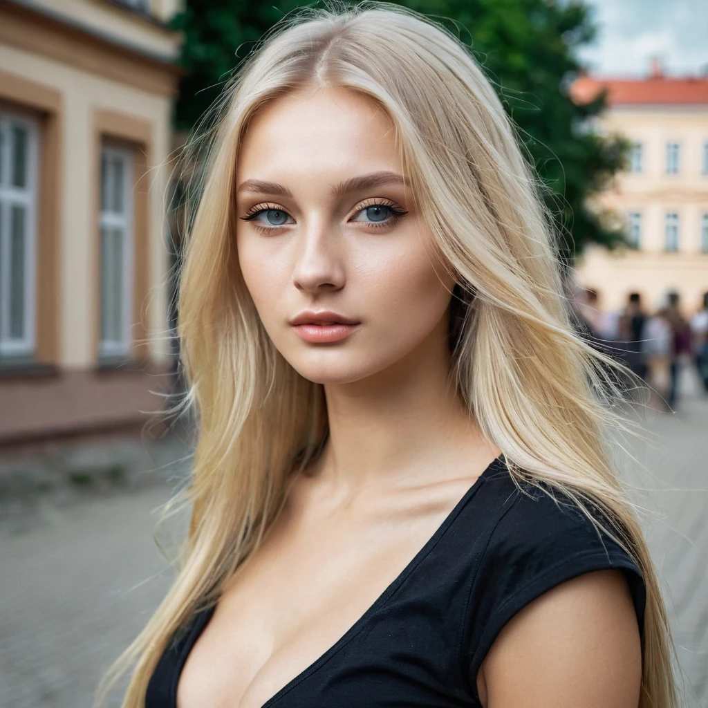 Extreme Beautiful woman from poland, hyperrealistic face, slim face, long blonde hair, 20 years old, model posing, special camera angle, y clothes, medium breutside