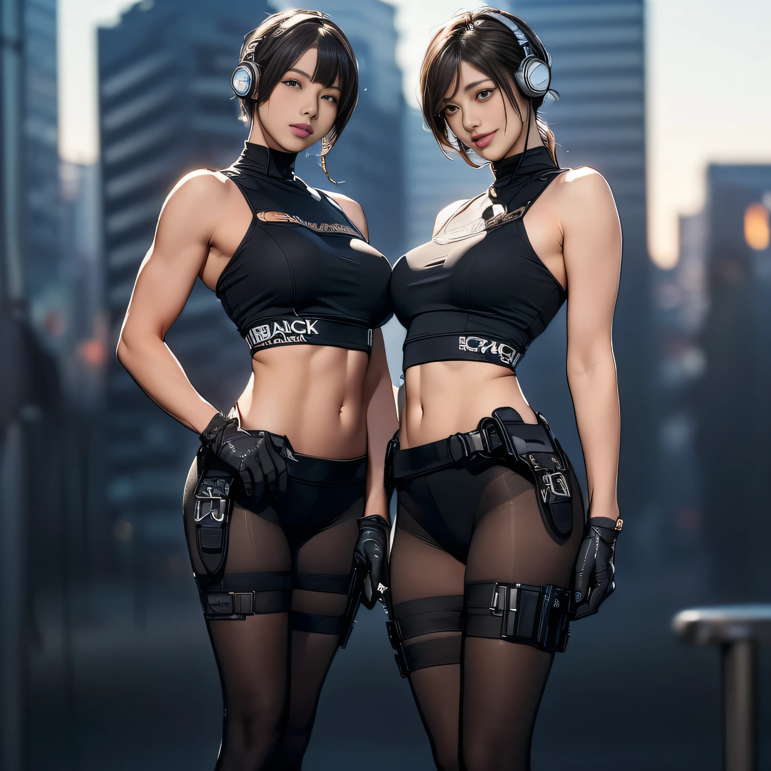 (Two Women),(((Women standing side by side:1.5))),((Black tactical tights:1.5)),((Black headphones:1.5)),((Black Tactical Holster:1.5)),(Black Gloves:1.5),((Wearing the same:1.5)),(Smile:1.5),(beautiful eyes:1.3),(Very detailedな顔:1.5),((Very detailed drawing of a female hand:1.5)),((muscular:1.5)),(Sexy appearance:1.5),((Thick thighs:1.5)),(Beautiful Body:1.5),((Very sensual:1.5)),(Background is the city:1.5),(((Blurred Background:1.5))),(Written border depth:1.5),rest(((masterpiece:1.5),(best quality:1.5),(Very detailed:1.5),(high resolution:1.5),(Practical:1.5),(Practical:1.5),(Delicate depiction),(Carefully drawn))),8k,wallpaper