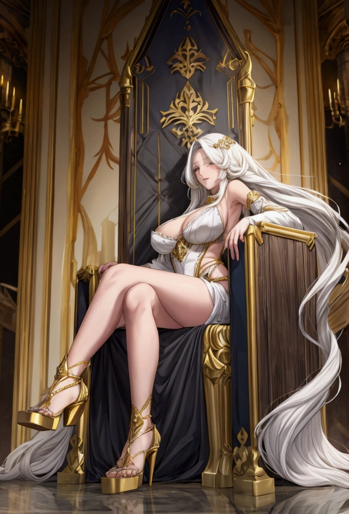 milf,long white hair,corona,gold heels, felt in his throne,a girl at his side ,sitting,black hair,