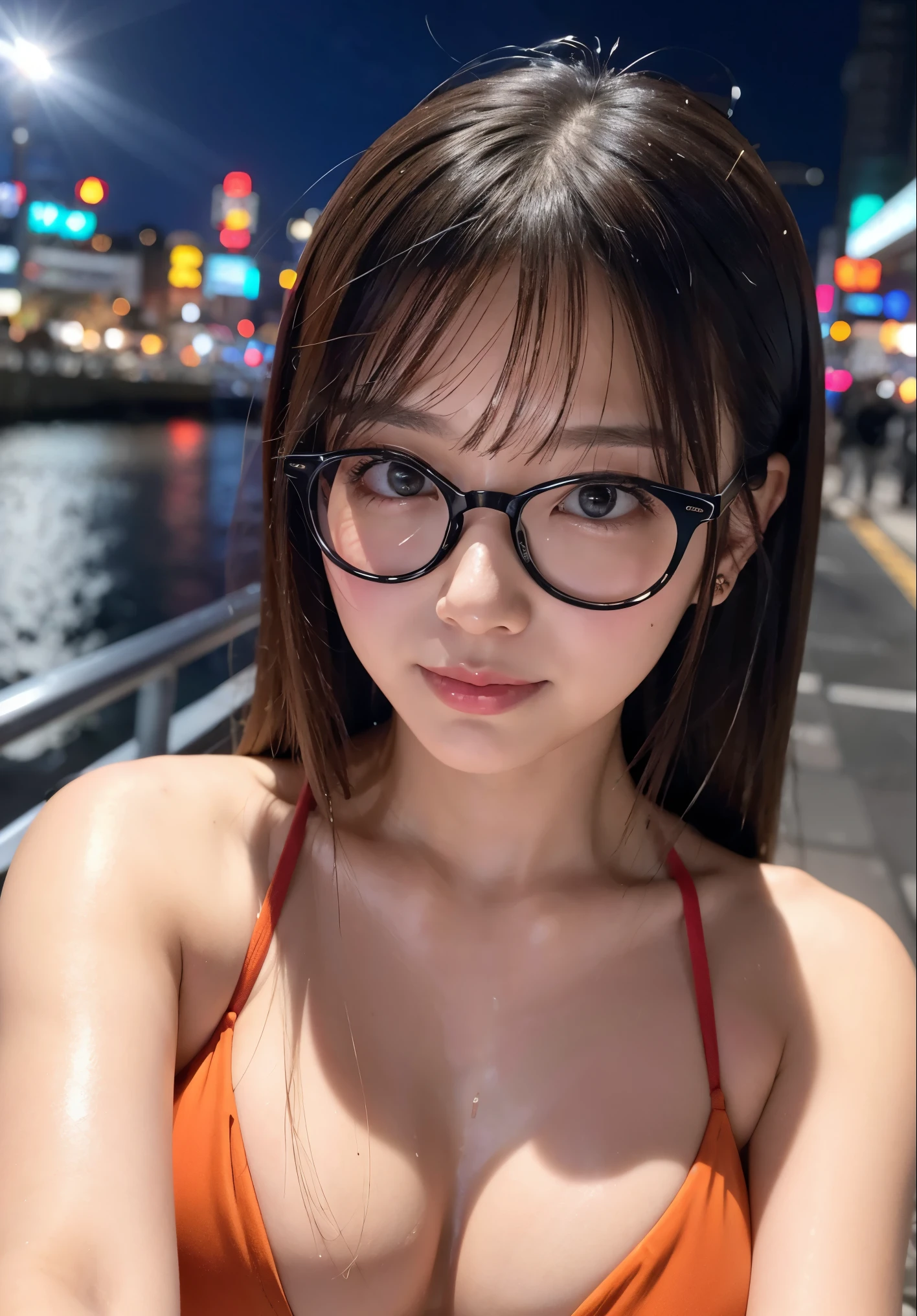 Japanese idol 20 years old、Glamorous figure、 (Blonde with bangs)、 ((Glasses)) Super shiny red lips 、Duck lips, super shiny enamel metallic bikini, flushed cheeks、 ((Cyberpunk night city with shining laser beams)) 、Portrait Looking at camera 、((Change of clothes)) 、Steamy, sweaty, shiny face、 Sweaty and red face 、Frontal eye contact 、Kissing face sitting with legs apart 、Charming smile 、Masterpieces of portraiture 、Big brown eyes、 Drawn from below 、(soaking wet woman)、 (sunset) 、Ecstatic expression 、((Tanned, wheat-colored skin)) 、Smokey Makeup、Black mascara、 黒の水着 派手なメイクで光沢のある顔 Smokey Makeup、Black mascara、(((I don't have glasses)))