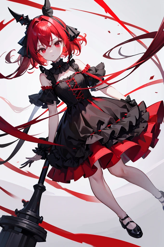 red forehead hair red eyes, red ruffle dress, black trim on dress, black gloves and shoes, big black ribbon above head