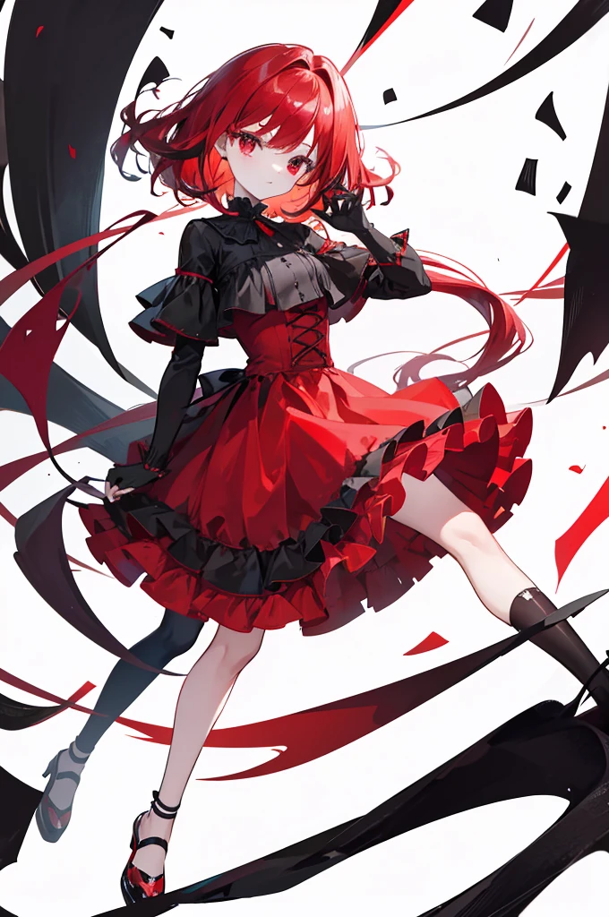 red forehead hair red eyes, red ruffle dress, black trim on dress, black gloves and shoes, ribbon above head
