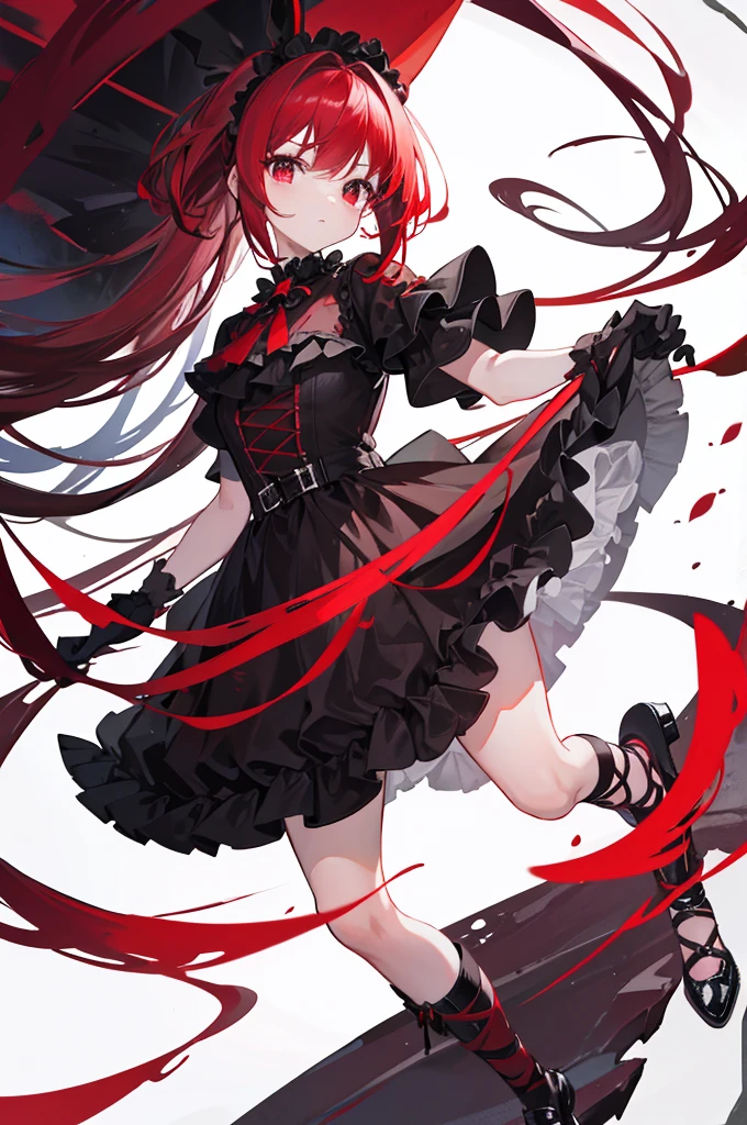 red forehead hair red eyes, red ruffle dress, black trim on dress, black gloves and shoes, big black ribbon above head