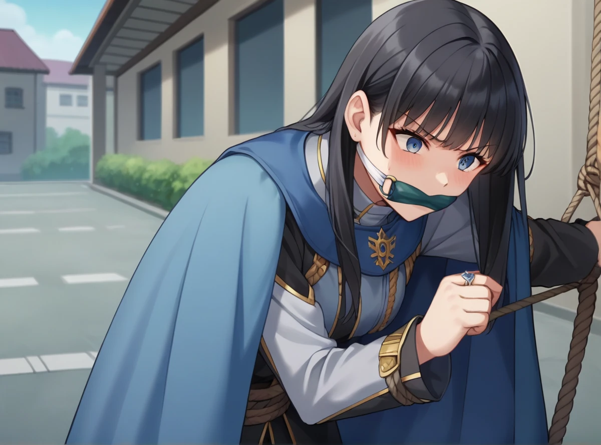 score_9, score_8_superior, score_7_superior, score_6_superior, score_5_superior, score_4_superior, Break Source_anime, masterpiece  ,anime screencap,Kudrinie, Long Hair, bangs, Black Hair, Long sleeve, jewelry, ring, Iris,Cape, Severe, Outdoor, Leaning forward,Tied up with rope,gag,Struggling,superior半身