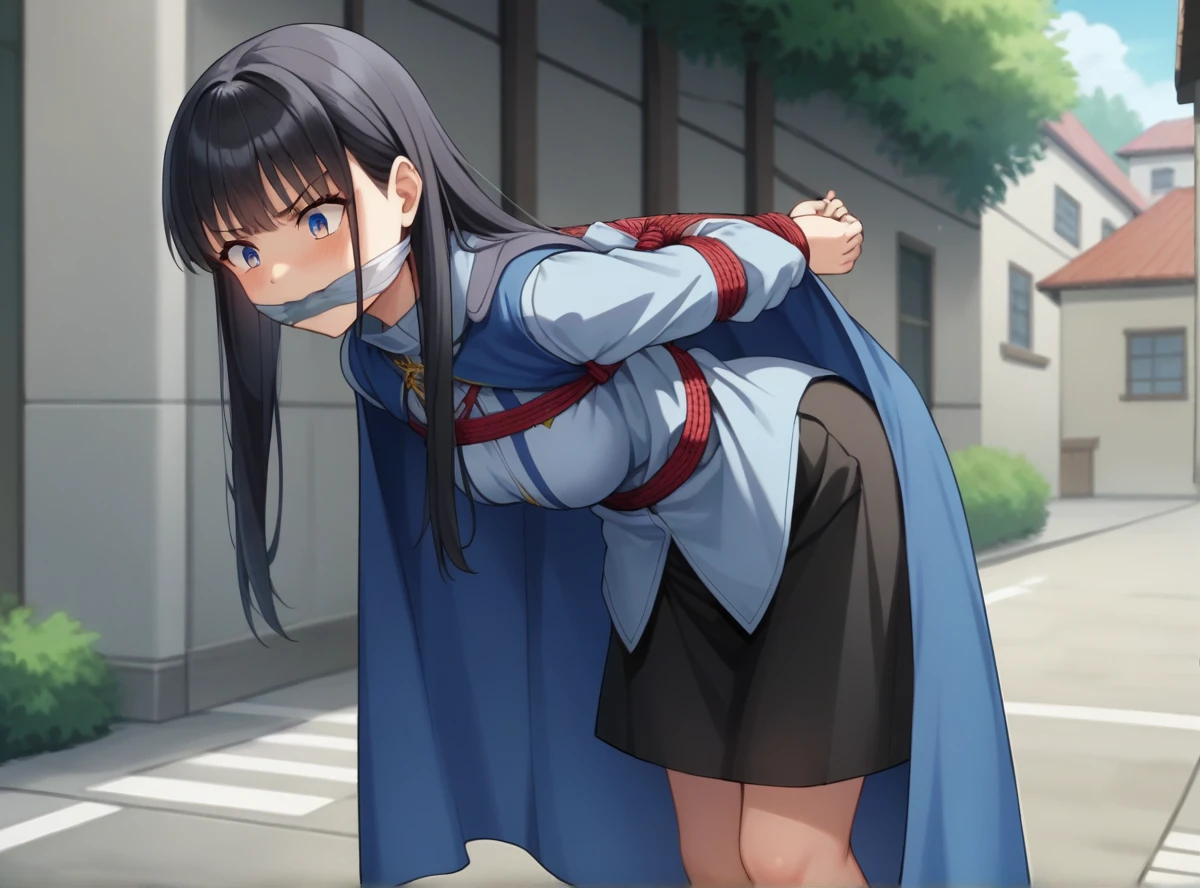 score_9, score_8_superior, score_7_superior, score_6_superior, score_5_superior, score_4_superior, Break Source_anime, masterpiece  ,anime screencap,Kudrinie, Long Hair, bangs, Black Hair, Long sleeve, jewelry, ring, Iris,Cape, Severe, Outdoor, Leaning forward,Tied up with rope,gag,Struggling,superior半身