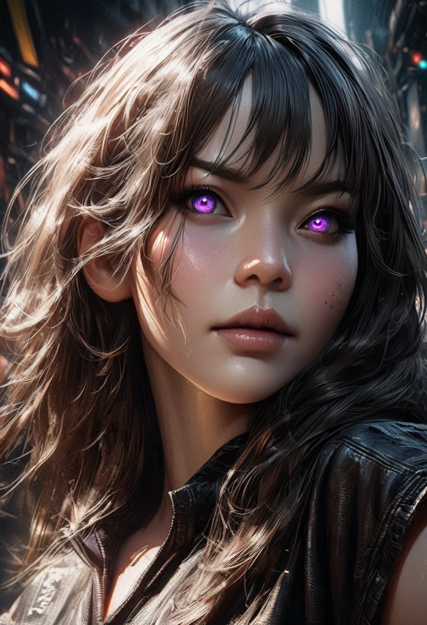 A young girl with pale green hair and purple eyes, cyberpunk style, short sleeves, (best quality,4k,8k,highres,masterpiece:1.2),ultra-detailed,(realistic,photorealistic,photo-realistic:1.37),extremely detailed eyes and face,longeyelashes,detailed face,beautiful detailed eyes,beautiful detailed lips,highly detailed skin,intricate details,vibrant colors,dramatic lighting,cinematic composition,digital art