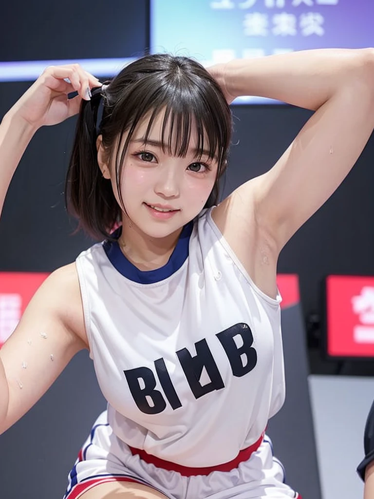 What a Japanese girl born in 2003 will look like in 2024。Armpit sweat。Landmine makeup。Heavy makeup。eye make up。Droopy eyes。Young face。Chubby。Provocative smile。Plump young girl。Young thighs。Basketball uniform