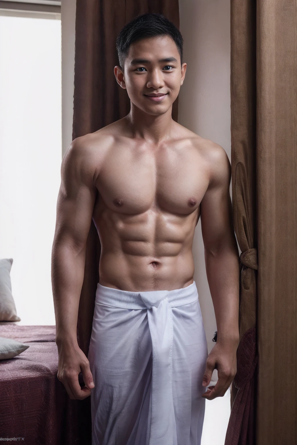 1boy, (Blue Eyes), happy smile,Thai boy,18 years old,man hot nerd,young, thick body, slender, sport body build, child-like,White Teenage boy,Close-up photo,full body photo ,RAW photo,male, shirtless, six pack abs, white background, amm mc outfit, very attractive, blurry_background, (high detailed skin:0.8), 8k uhd, dslr, soft lighting, HDR, warm light, high quality, film grain, Fujifilm XT3,pale skin, skinny, good lighting, very pale skin, light skin, model with attractive body,medium bulge and medium butts,(Best quality, 8k, Masterpiece). High Detail , superior quality, natural lighting, beautiful, sexy, correct anatomy, good composition,realistic shapes, realistic skin tones,Natural eyes,realistic eyes,looking up at viewer,vpl,realistic muscles,Realistic wrinkles on the skin,Realistic arms and legs,Realistic face,realistic hair,Make a sexy and seductive face, Clear Focus: 1.2, Perfect Body virile: 1.4 , Slender Abs: 1.2, Highly detailed face and skin texture, detailed eyes, double eyelids, big upper lip, man focus,amazing composition, front view, HDR, volumetric lighting, ultra quality, elegant,Post a erotic photoshoot,Realistic pose,detailed hair,full body,Fujifilm XT3 photorealistic art by midjourney