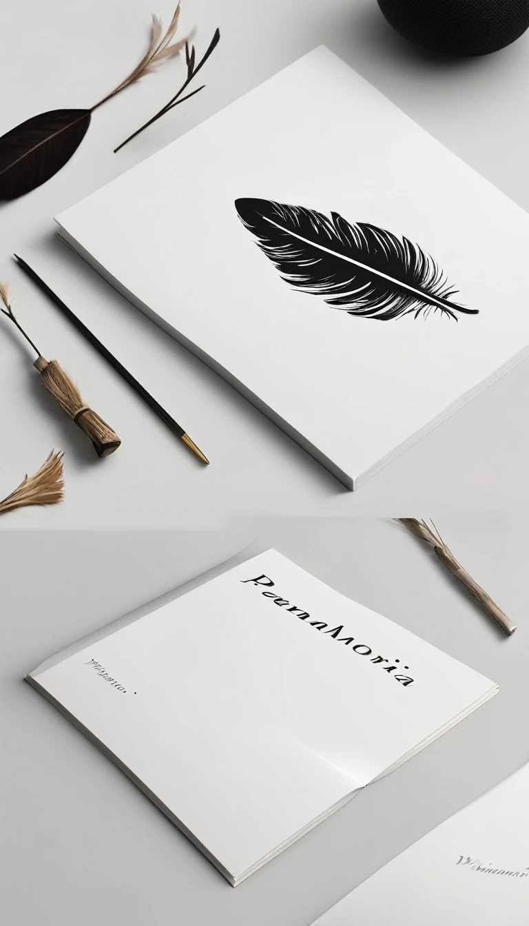 A minimal, modern, simple, cinematic logotype for the brand “Penamemoria". The logotype must be a simple, magical feather. The logo must convey a sense of music, stories and dreams. Logo design impressed on a book cover. Minimalistic logo