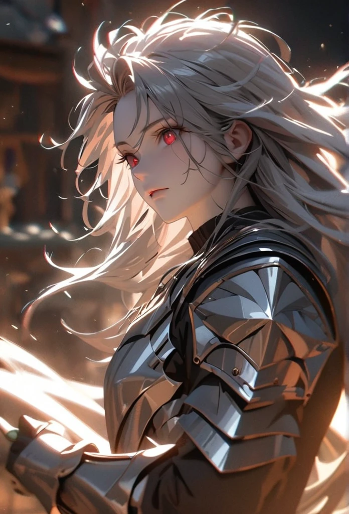 (solo), grey hair, messy hair, mane hair, long hair, dense hair, wild hair, expressive hair, mature,(25 year old), pale skin, red eyes, ((man)), wearing a silver armor, armored arms, armored legs, claws,, handsome, attractive, eye reflection, depth of field, thunder aura,cinematic lighting, ray tracing, depth of field, cinematic lighting, ray tracing, UHD, high details, best quality, highres, high quality, award winning, super detail, masterpiece, 8k, UHD, high details, best quality, highres, high quality, award winning, super detail, masterpiece, 8k, digital art, anime coloring, body shot, good face, perfect face, detailed face, good eyes