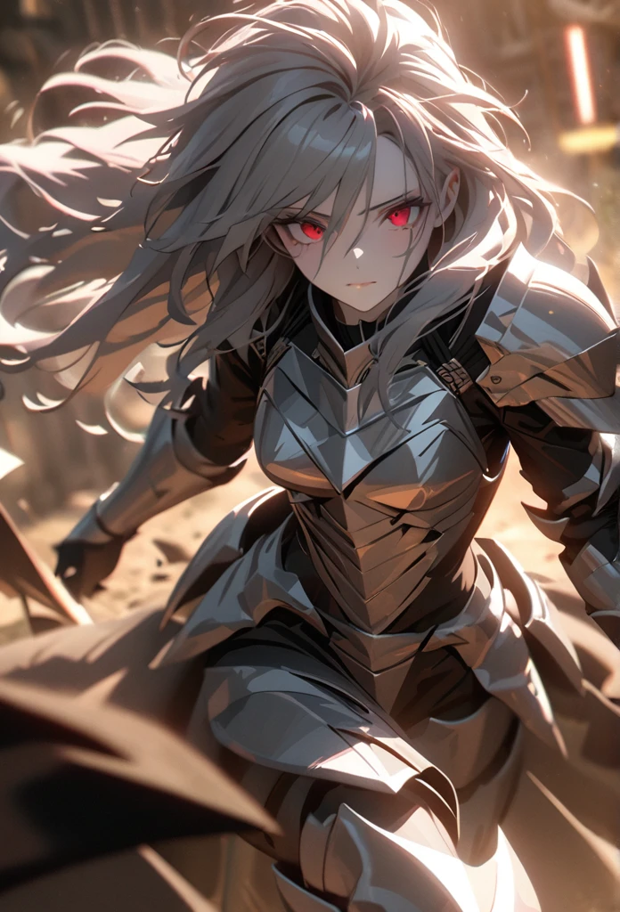 (solo), grey hair, messy hair, mane hair, long hair, dense hair, wild hair, expressive hair, mature,(25 year old), pale skin, red eyes, ((man)), wearing a silver armor, armored arms, armored legs, claws,, handsome, attractive, eye reflection, depth of field, thunder aura,cinematic lighting, ray tracing, depth of field, cinematic lighting, ray tracing, UHD, high details, best quality, highres, high quality, award winning, super detail, masterpiece, 8k, UHD, high details, best quality, highres, high quality, award winning, super detail, masterpiece, 8k, digital art, anime coloring, body shot, good face, perfect face, detailed face, good eyes