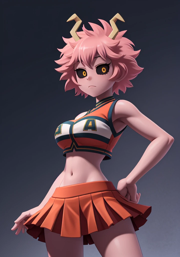 mina ashido, 1girl, solo, looking at viewer, short hair, simple background, yellow eyes, pink hair, horns, colored skin, colored sclera, black sclera, pink skin, U.A. CheerUniform, orange skirt, cheerleader, ((bare belly)), perfect shading, bare shoulders, big breasts