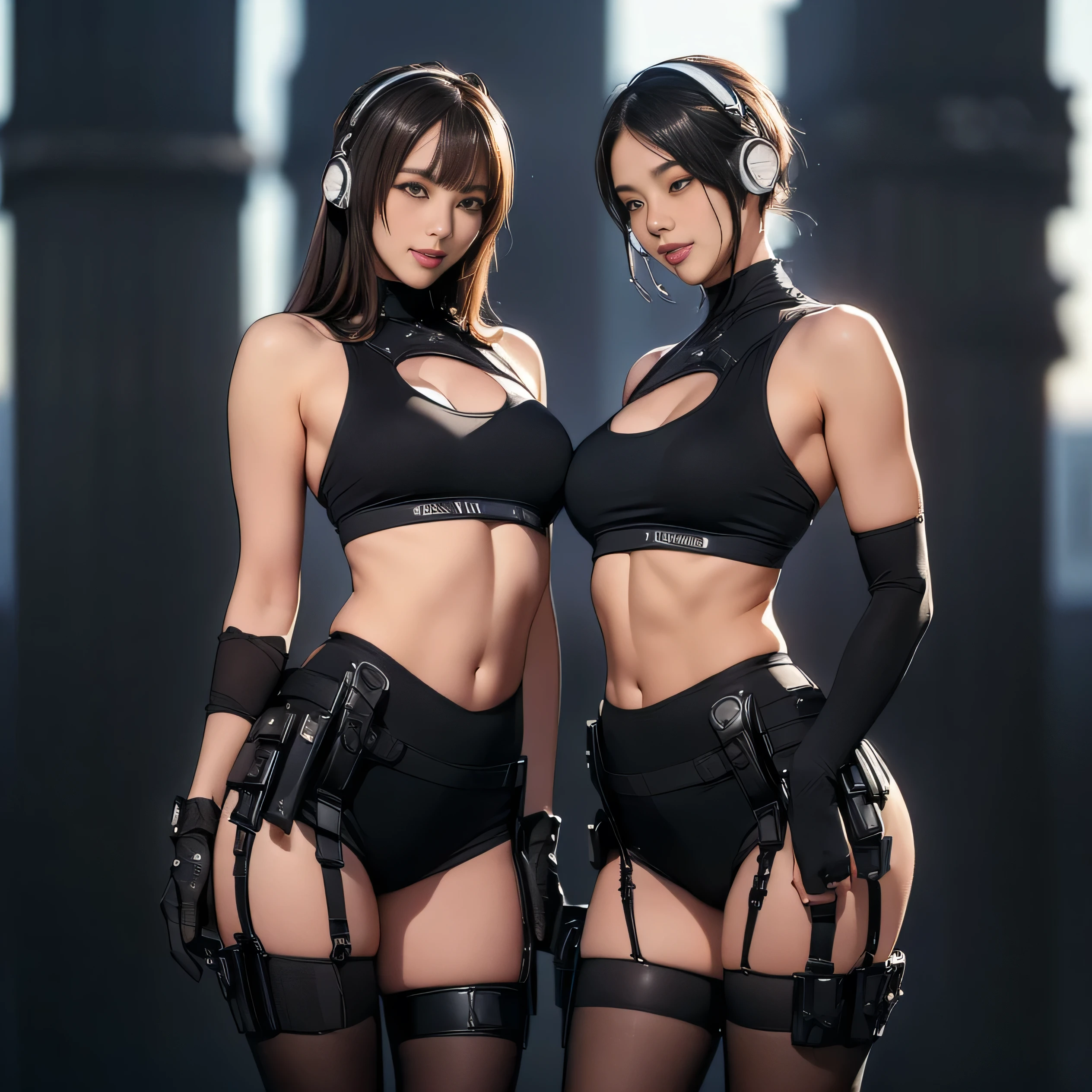 (Two Women),(((Women standing side by side:1.5))),((Black tactical tights:1.5)),((Black headphones:1.5)),((Black Tactical Holster:1.5)),(Black Gloves:1.5),((Wearing the same:1.5)),(Smile:1.5),(beautiful eyes:1.3),(Very detailedな顔:1.5),((Very detailed drawing of a female hand:1.5)),((muscular:1.5)),(Sexy appearance:1.5),((Thick thighs:1.5)),(Beautiful Body:1.5),((Very sensual:1.5)),(Background is the city:1.5),(((Blurred Background:1.5))),(Written border depth:1.5),rest(((masterpiece:1.5),(best quality:1.5),(Very detailed:1.5),(high resolution:1.5),(Practical:1.5),(Practical:1.5),(Delicate depiction),(Carefully drawn))),8k,wallpaper