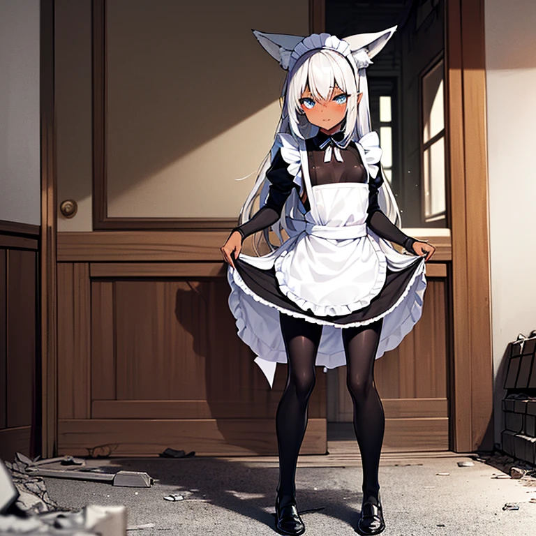 (Fox Girl, Fox Ears, Silver Hair, Fox Makeup, One Girl, Long Hair, Alone on the screen, dark skin, High definition, high resolution:1.6), (maid apron, Black and white clothes, skirt, Mechanical suit for legs:1.8), (Body measurements are 75-60-75!, Young girl body, Small breasts, skirt hold, slender, muscle:1.9), Avatar, face, 色っぽいface, Dominant representation, naughty face, Uplifting, Skin Texture, outside, ruins, Ruined City, Broken Building, There are no people