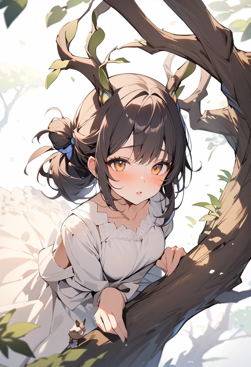 ((RAW Photos)), ((masterpiece)), (Tree Spirit,young woman in a dress,One person:1.3), (Figure up to the waist:1.2),Intricate details, View your viewers, beautiful, Fine eyes and lips,White background,Fantasy,Perfect Face, (1 girl,White background:1.3),Big shiny clear golden eyes,Long black hair tied up,Erotic perspective,shy,Fantasy,beautiful表情,Detailed facial expressions,Low exposure