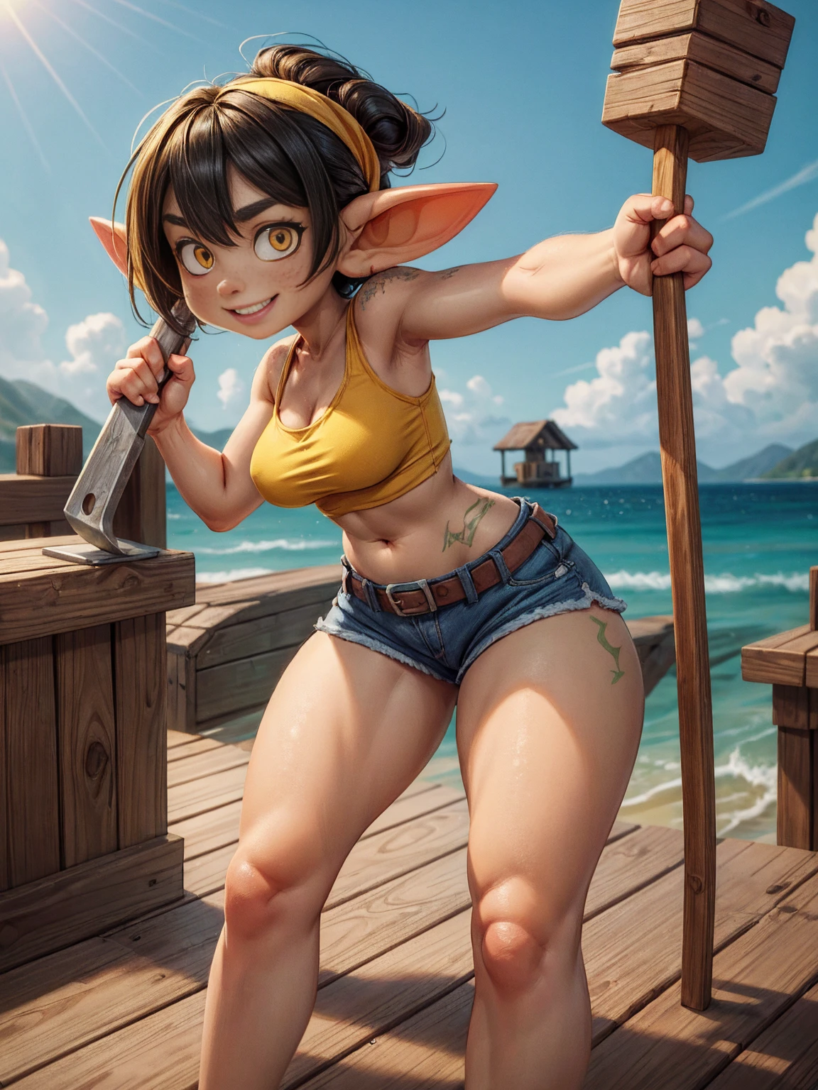 ((best quality)), ((masterpiece)), (detailed), absurdres, ((1 girl)), 1girl, solo, 4k, short heavyset chubby green goblin girl wearing torn shorts and white tank top, yellow bandana, leather toolbelt, black hair, green skin, yellow eyes, freckles, bending over to fix a wooden pier with a hammer, focus on ass, working hard