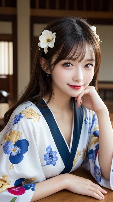Tabletop, Highest quality, shape, Very detailed, In detail, High resolution, 8k wallpaper, Perfect dynamic composition, Beautiful details, kimono,Medium Hair, Center of chest, Natural color lip, Random sexy poses,smile,shrine,Flower Hair Ornaments,cute,smile,Looking into the camera,