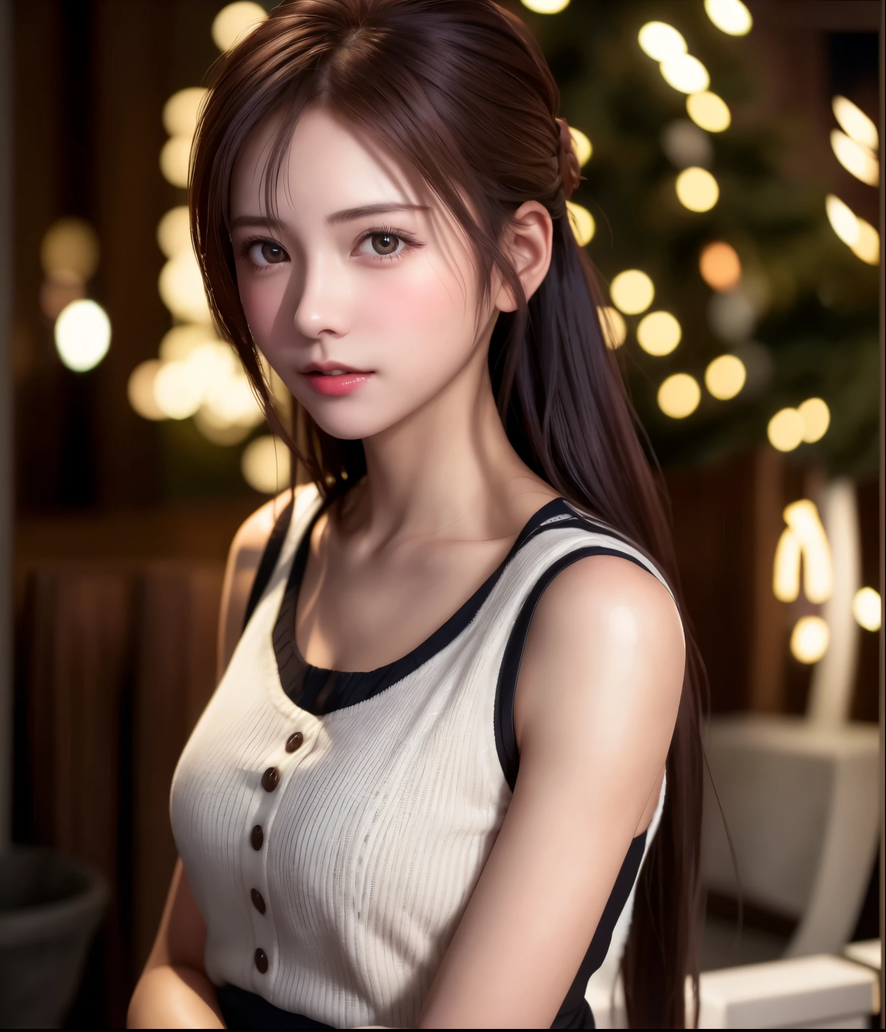 8K, of the highest quality, masutepiece:1.2), (Realistic, Photorealsitic:1.37), of the highest quality, masutepiece, Beautiful young woman, Pensive expression,、A charming、and an inviting look, cute santa clothes, Hair tied back, Cinematic background, Light skin tone