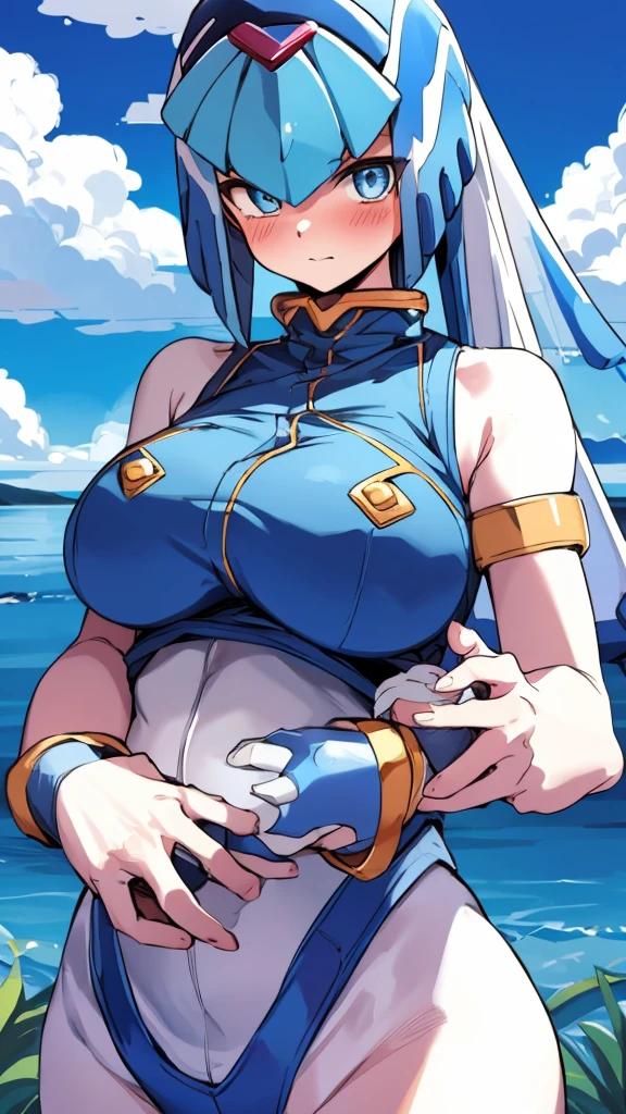 Leviathan_Megamanz, 1 Girl ,Looking at the viewer , blue hair, Blue eyes,Clouds background , Blushed, Wedding ring, Glasses, Holding a baby girl in hands
