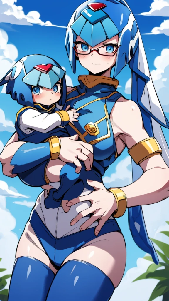 Leviathan_Megamanz, 1 Girl ,Looking at the viewer , blue hair, Blue eyes,Clouds background , Blushed, Wedding ring, Glasses, Holding a baby girl in hands