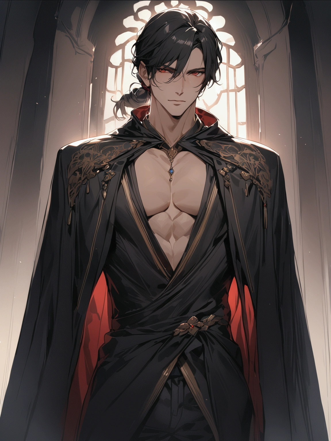 ((masterpiece)), ((best quality)), (from front:1.36), (half-body shot:1.4), 1man, adult male, mature male, solo, ponytail tied long black hair, red eyes, plain royal black cloak, looking at viewers