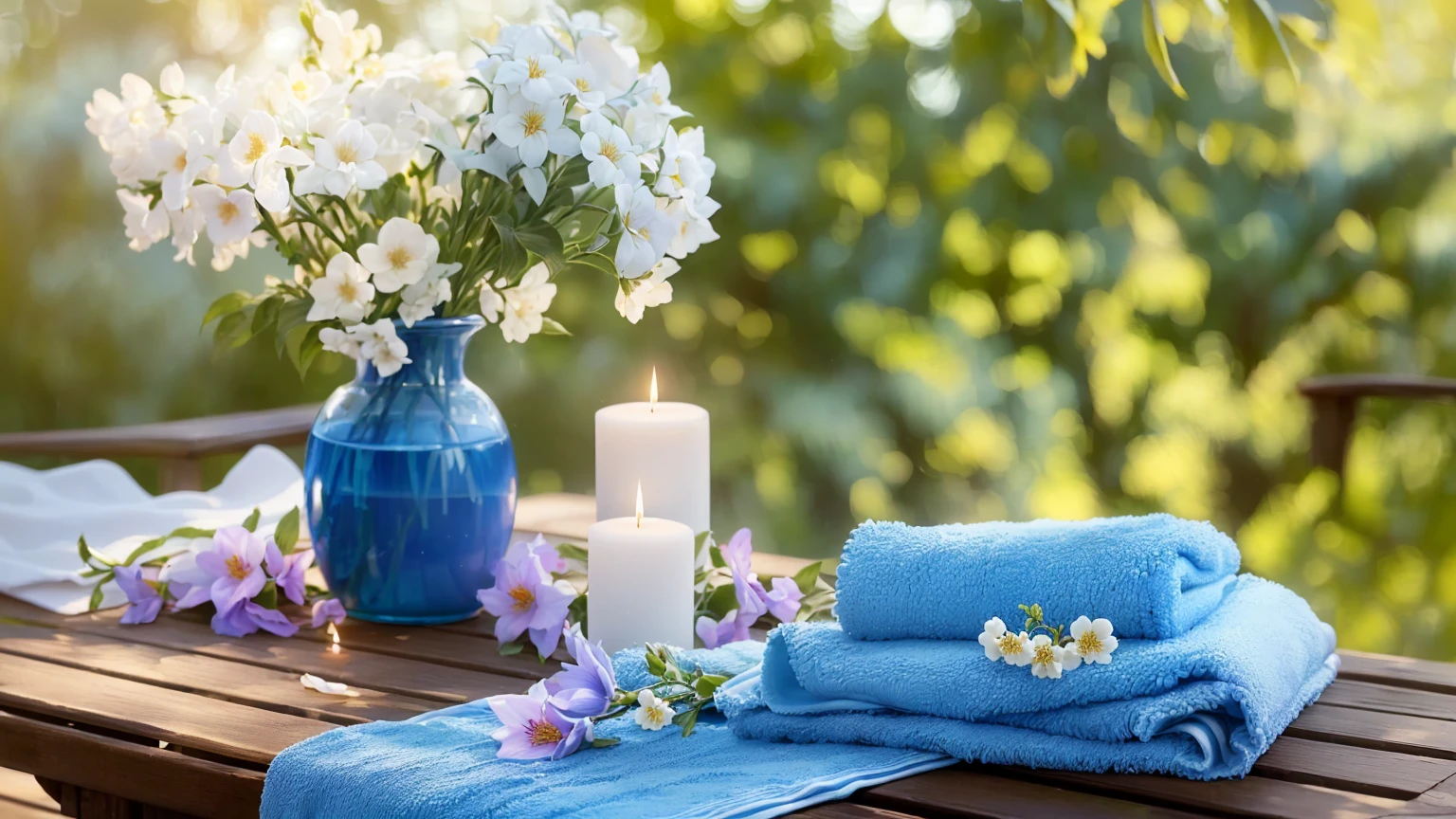 There are two blue towels on the table with flowers and candles, Sunny morning light, Relaxed atmosphere, Summer setting, Romantic atmosphere, summer morning light, Peaceful atmosphere, radiant morning light, Summer Afternoon, relaxed mood, Beautiful atmosphere, 穏やかなNight atmosphere, Night atmosphere, Peaceful atmosphere, Relaxing environment, Romantic atmosphere, Soft morning light, Blue soft details