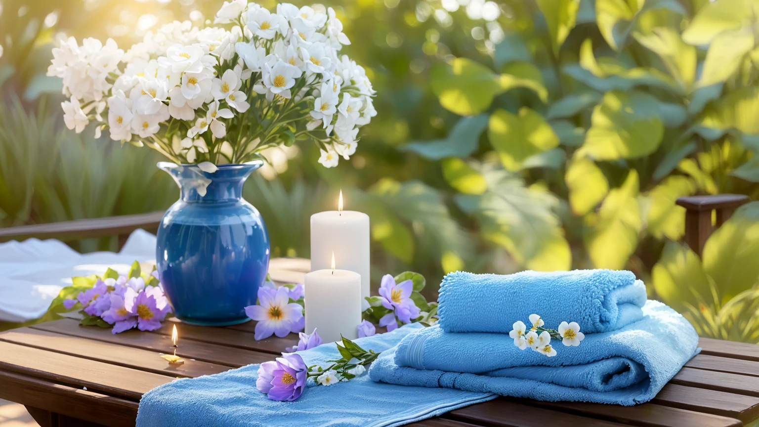 There are two blue towels on the table with flowers and candles, Sunny morning light, Relaxed atmosphere, Summer setting, Romantic atmosphere, summer morning light, Peaceful atmosphere, radiant morning light, Summer Afternoon, relaxed mood, Beautiful atmosphere, 穏やかなNight atmosphere, Night atmosphere, Peaceful atmosphere, Relaxing environment, Romantic atmosphere, Soft morning light, Blue soft details