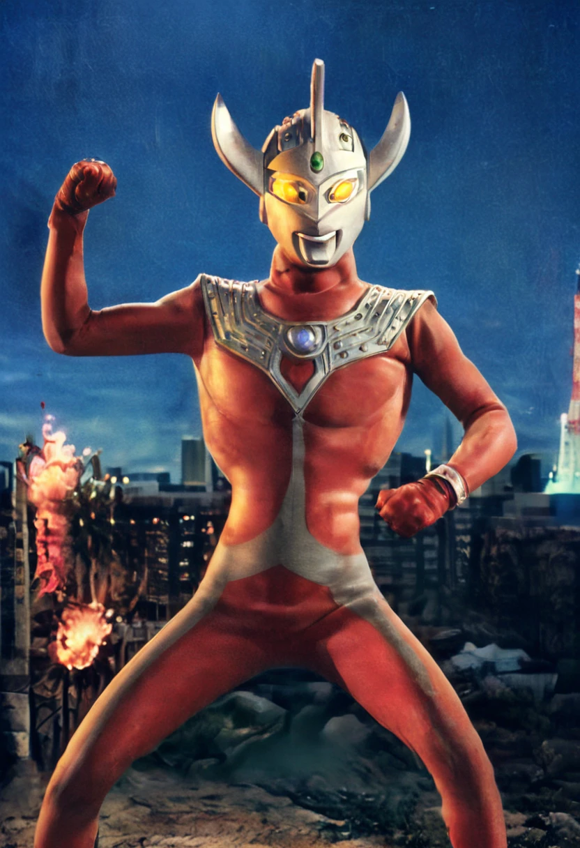 Ultraman Taro、Tokyo cityscape、Midnight、neon、A giant as tall as a building、Fighting Pose、slim、Muscular、Long limbs、Weapon、Gorgeous Body、Incitement、4K、Photorealistic、Portrait、male focus,highres,clear