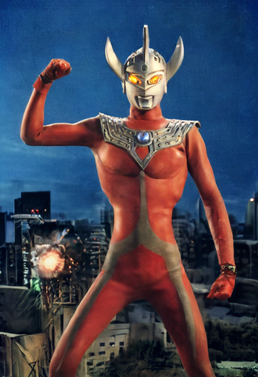 Ultraman Taro、Tokyo cityscape、Midnight、neon、A giant as tall as a building、Fighting Pose、slim、Muscular、Long limbs、Weapon、Gorgeous Body、Incitement、4K、Photorealistic、Portrait、male focus,highres,clear