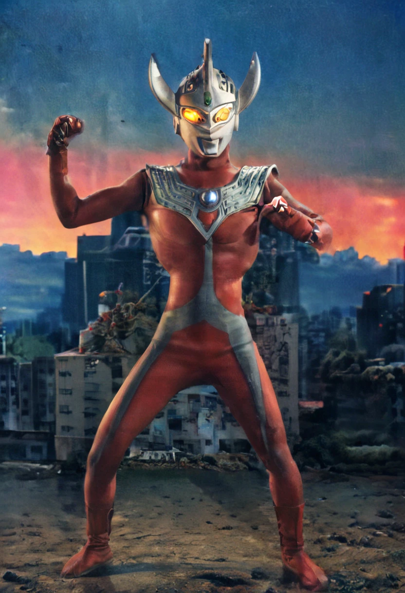 Ultraman Taro、Tokyo cityscape、Midnight、neon、A giant as tall as a building、Fighting Pose、slim、Muscular、Long limbs、Weapon、Gorgeous Body、Incitement、4K、Photorealistic、Portrait、male focus,highres,clear