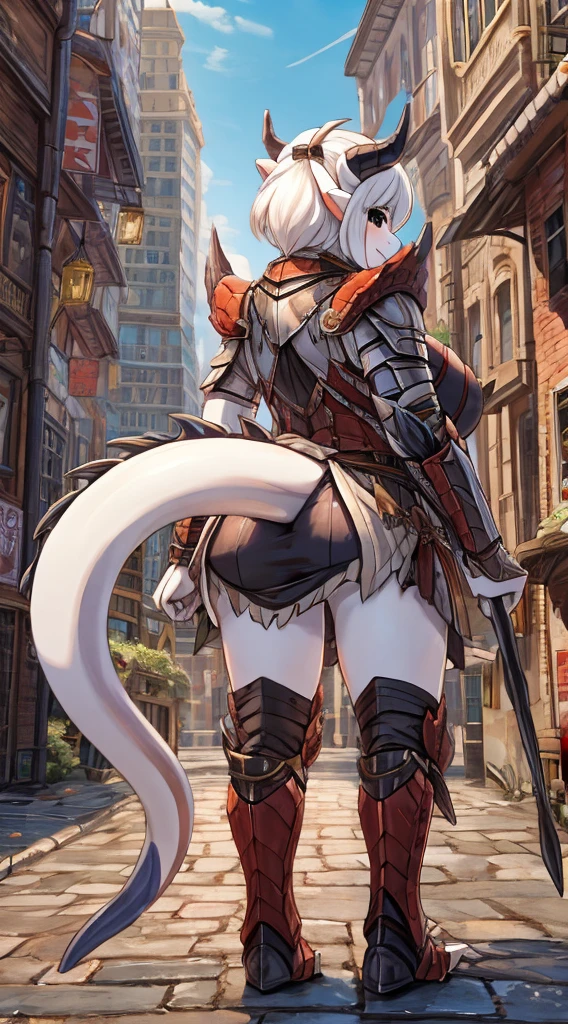 knight，Dragon Girl，Anthropomorphic Dragon，Dragon Horn，巨龙wing，龙的wing，wing，巨大的wing，silver white的巨龙wing，White Tail，白色Dragon Tail，White smooth tail，White lizard tail，Flesh，Chubby tail，knight盔甲，Plate，Breastplate，Wristband，Arm Guard，Metal armor，重型armor，承重armor，厚重的armor，armor，wing，巨龙wing，巨龙knight女孩，Big breasts，Pale，silver white，White hair，White scales，Dragon Claw，butt，大butt，Fantasy style背景，City background，Street background，Fantasy styleStreet background，中世纪Street background，Street background，Fantasy style，Fantasy style，Skirt Armor，Skirt，Dragon Tail，巨Dragon Tail，Flesh的尾巴，Chubby tail