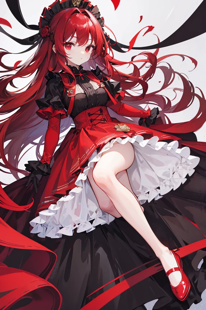 red forehead hair , wavy hair, red eyes, red ruffle dress, black trim on dress, black gloves and shoes, big black ribbon above head
