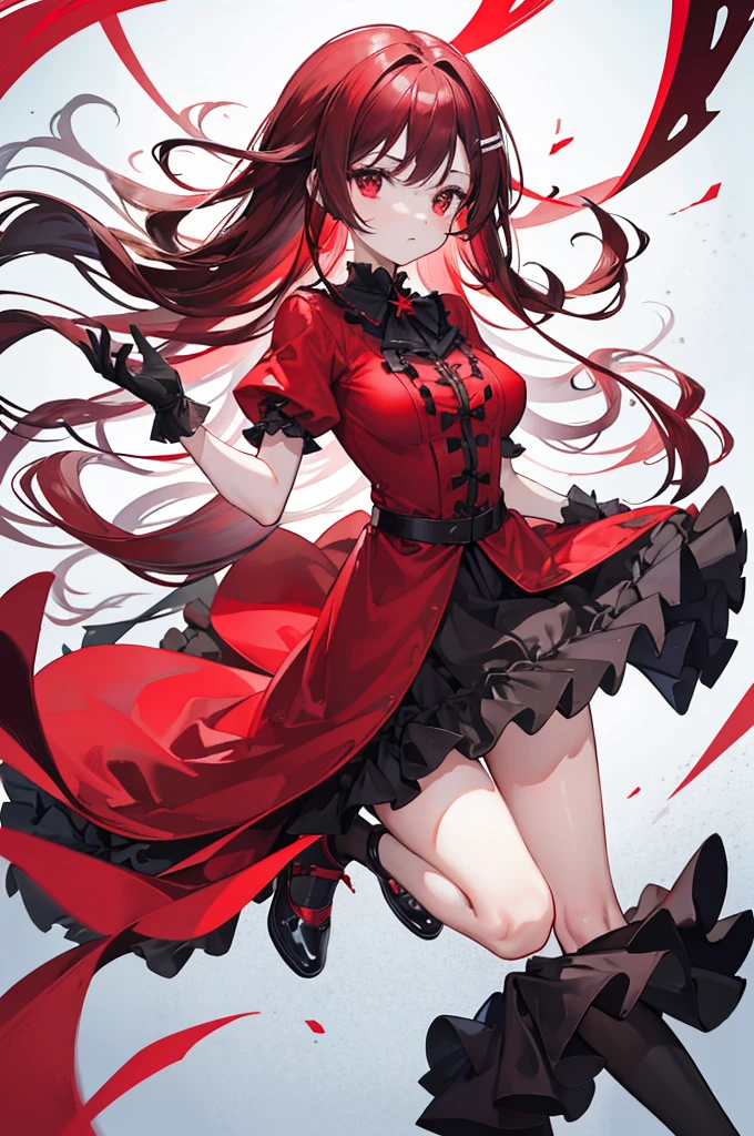red forehead hair , wavy hair, red eyes, red ruffle dress, black trim on dress, black gloves and shoes, big black ribbon above head