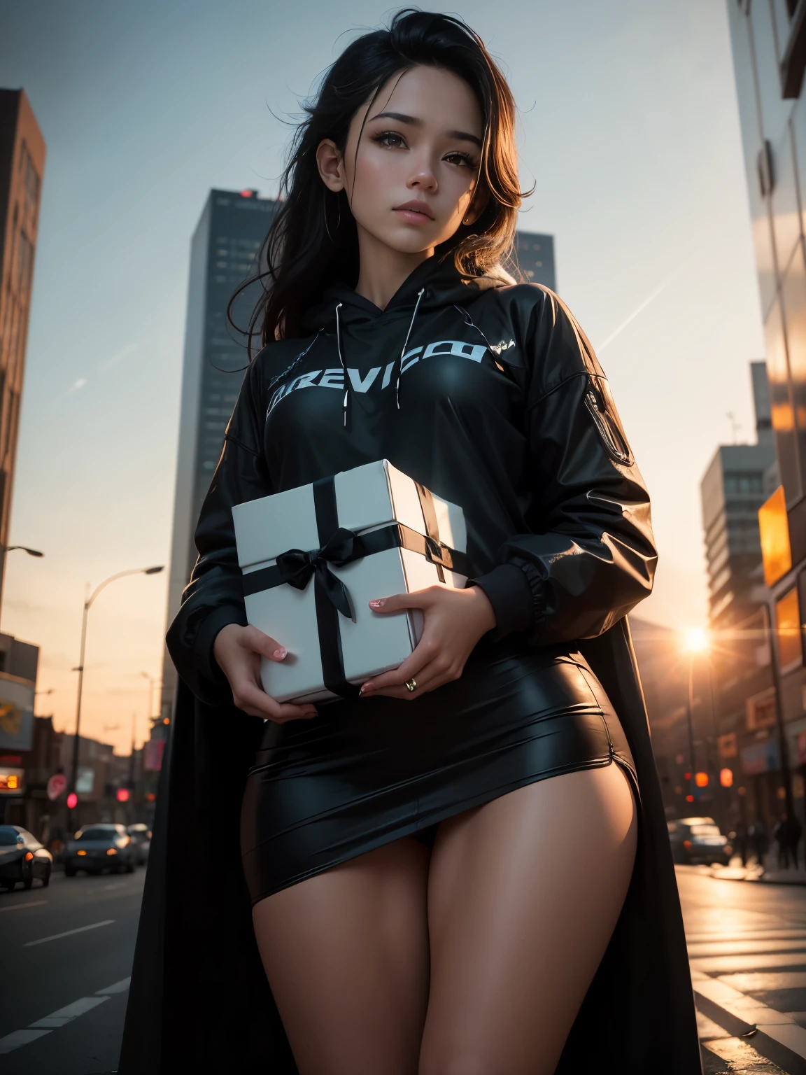 Tumblr-style city photoshoot with the Canon EOS Mark V, - 80mm anamorphic lens, ISO 100, Shutter speed 1/1450s, Autofocus perfectly captures the depth between shots, ultra sharp image, Perfect contrast and color, sunset time, A cyberpunk city with a futuristic atmosphere with neon lights in the background, The model is the incredible actress Jenna Ortega, holding a big gift box, A well-defined face, Well-detailed, honey-colored eyes, Face and hands, Ultra contoured hair line by line, Perfect tanned skin, reflecting the dim light of the sunset, beutiful elegant photography, Make the look natural and casual, holding a big gift box, (front view:1.5),