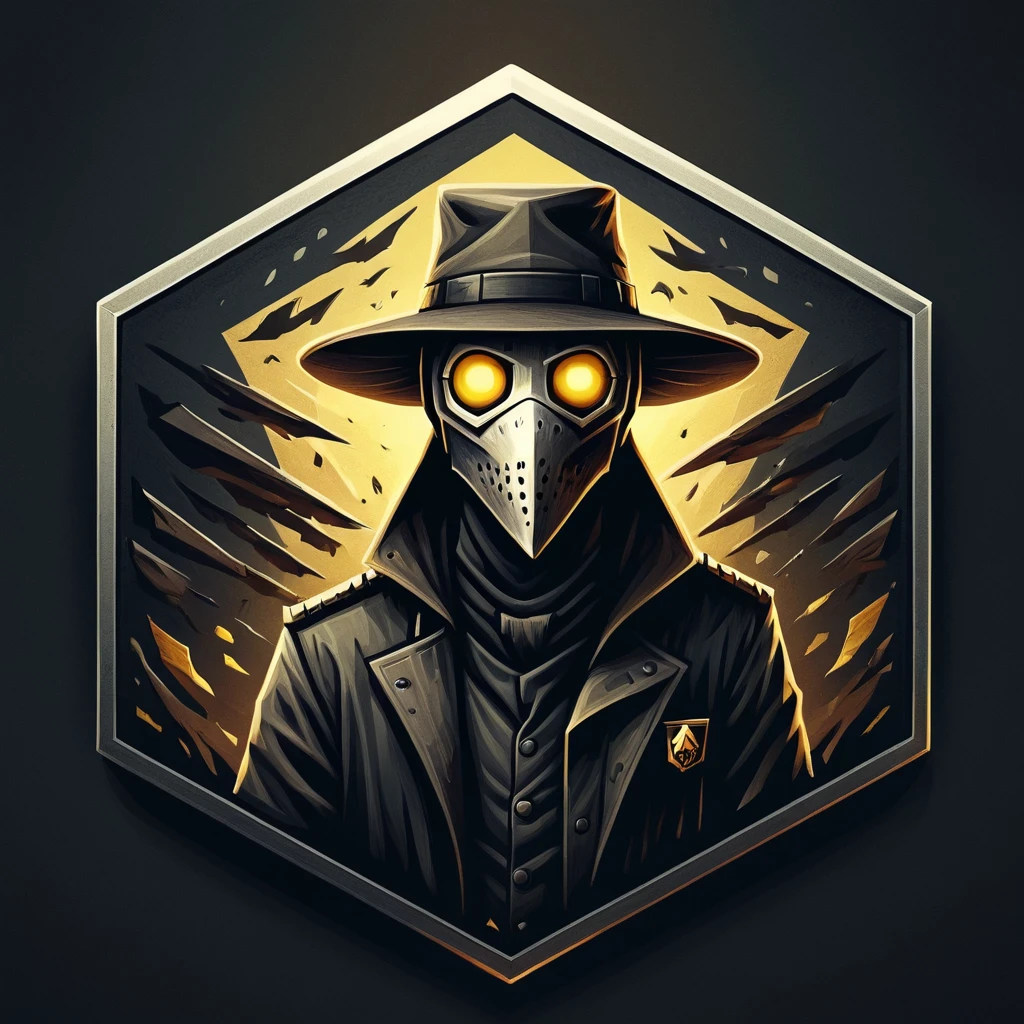 ultra high resolution, detailed, best quality, badgetype,solo badge,counter strike2 type badge,solo,looking at viewer,yellow eyes,1boy,male focus,no humans,mask,glowing,simple background,portrait,straight-on,plague doctor, hat, proportional